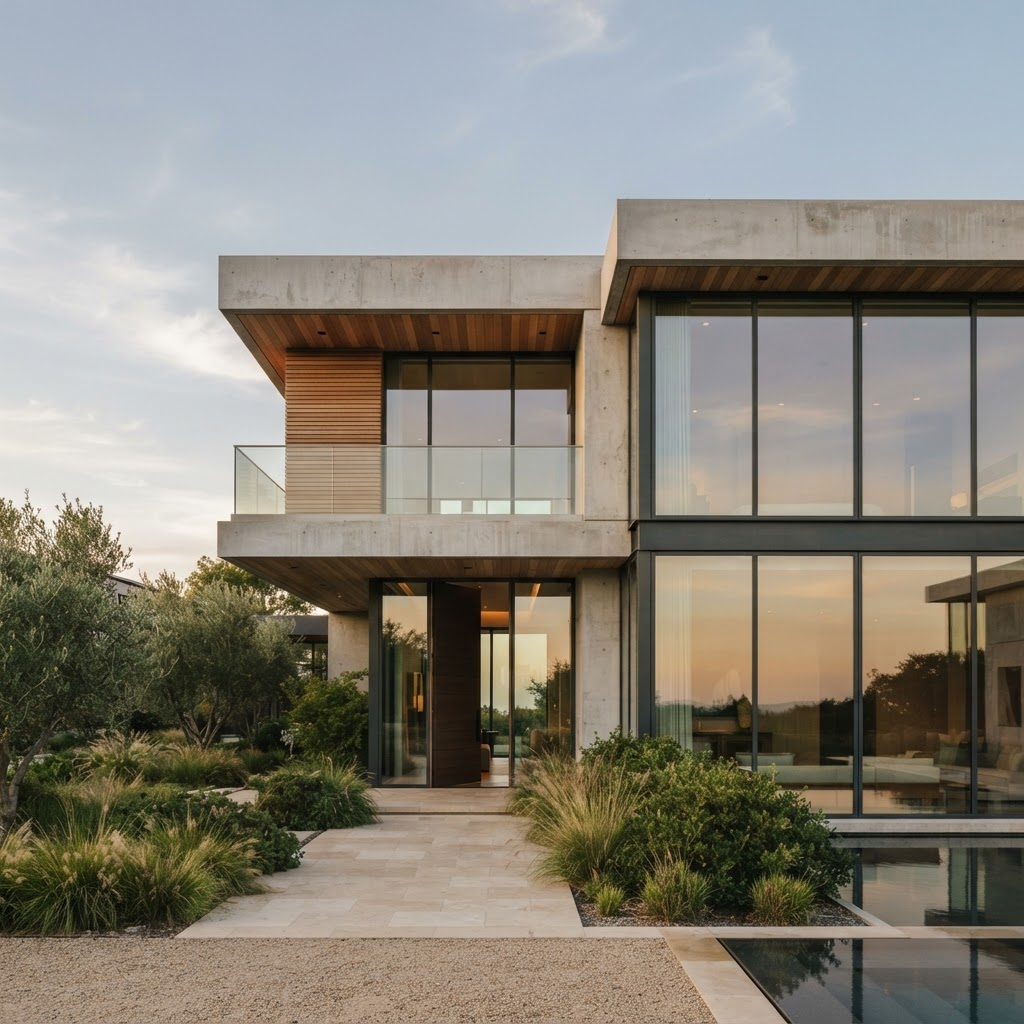 Modern concrete and glass building designed by Brannon Voss Architecture, with warm afternoon light across its facade